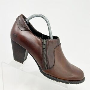 Born Women's Dark Brown Leather Heeled Ankle Bootie Size 11 Casual Zip Comfort